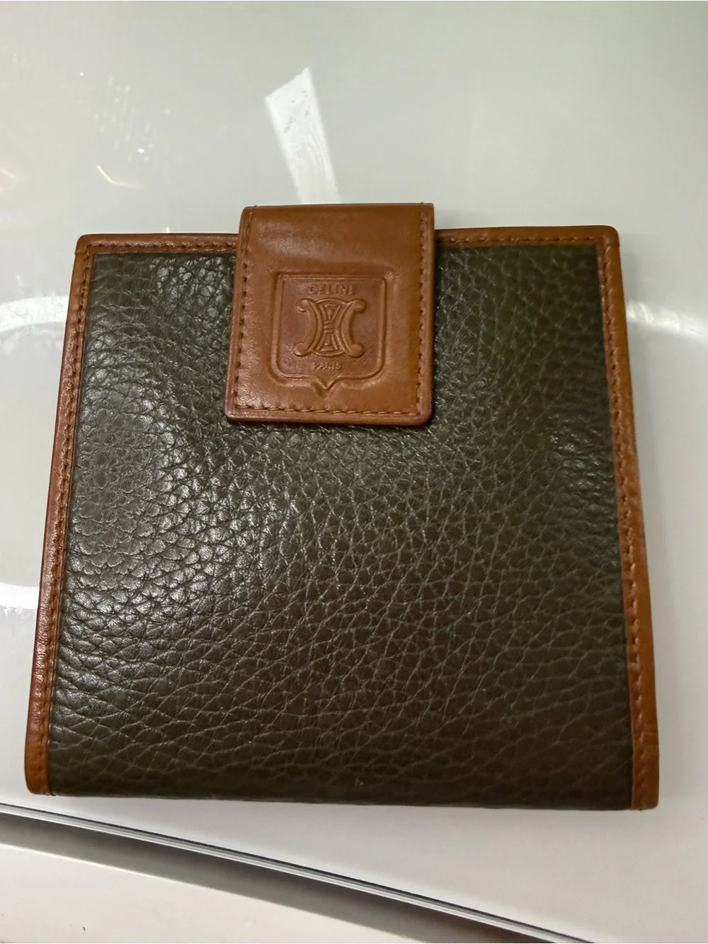 Celine Olive Green and Brown Leather Bifold Wallet with Tab VINTAGE